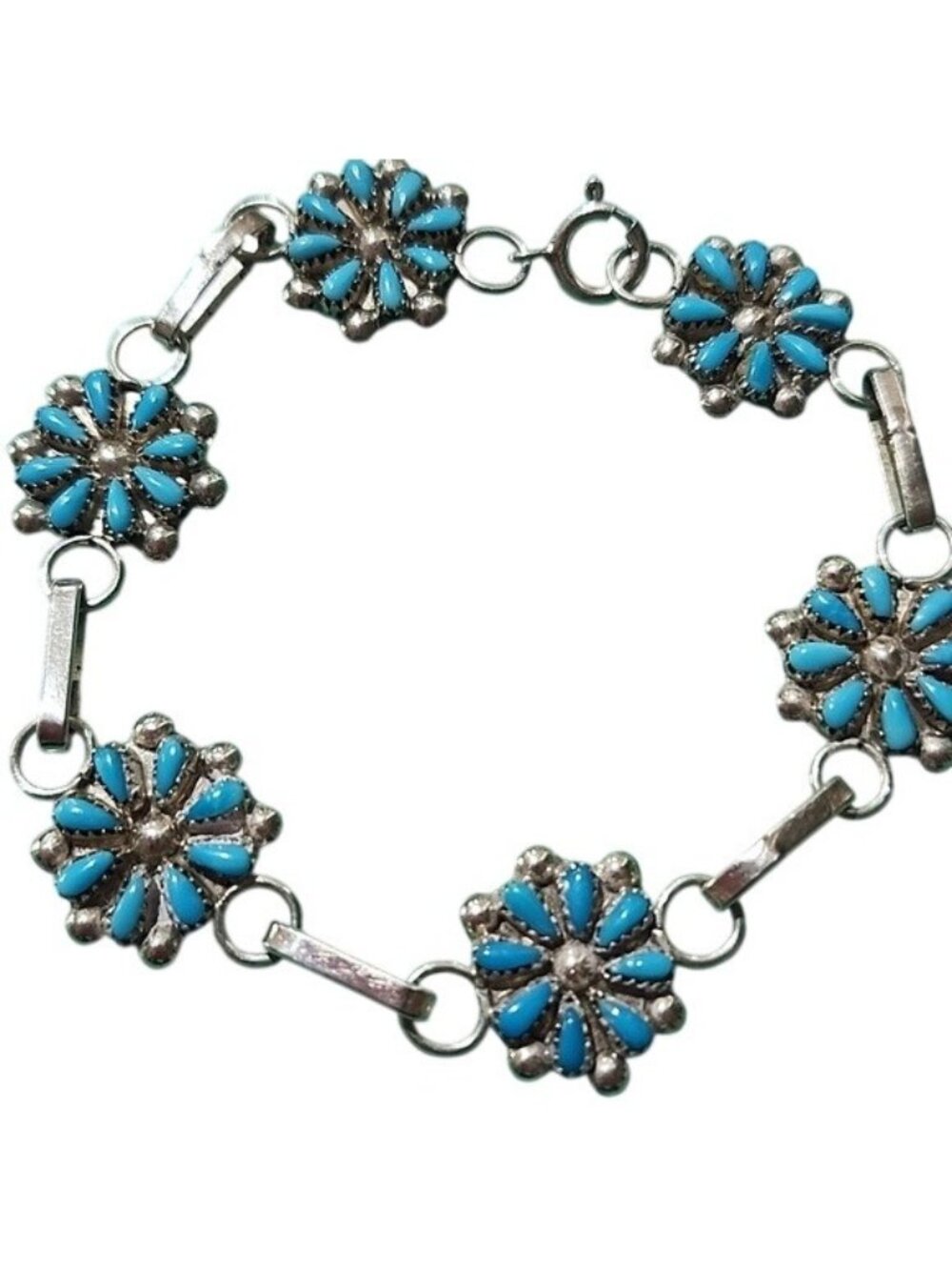 Zuni Silver Petit Point Floral Sleeping Beauty Turquoise Clusters Bracelet 7"